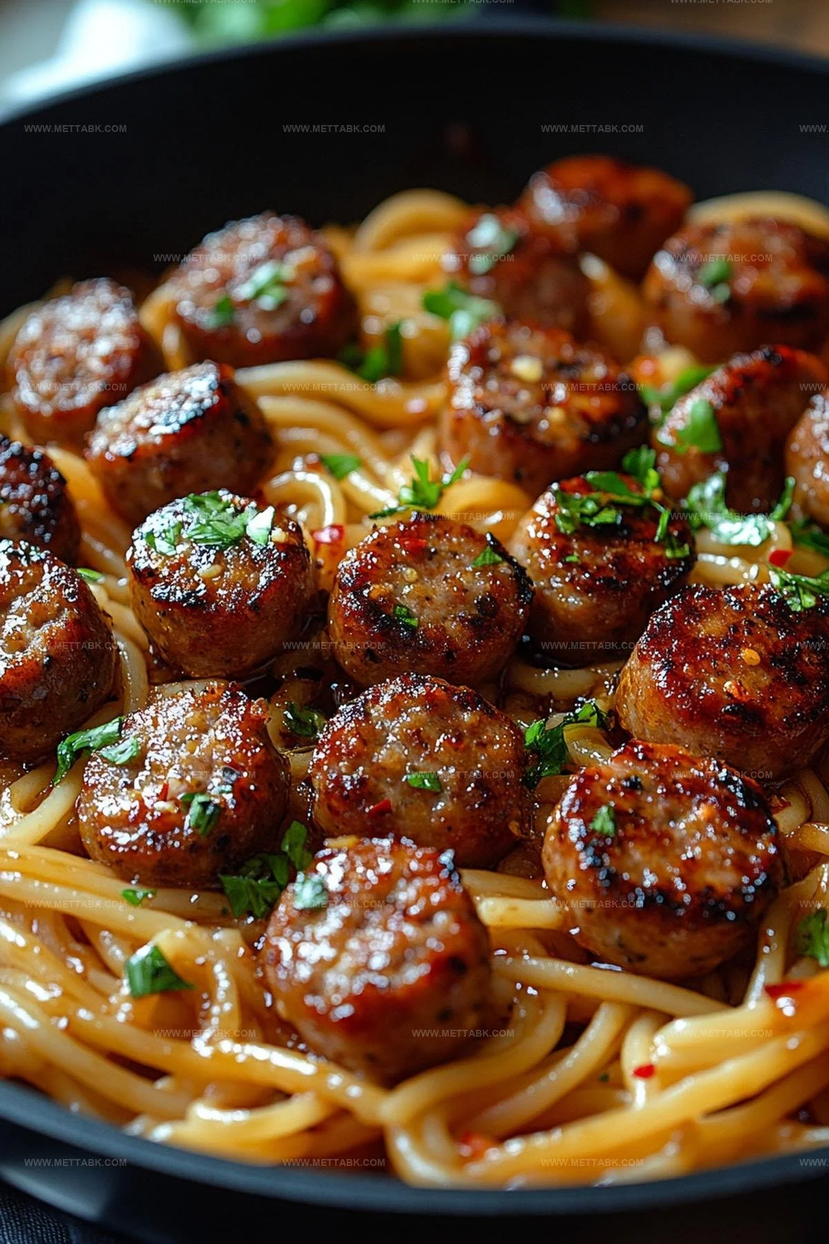 Sticky honey garlic sausage pasta skillet dish served in a bowl