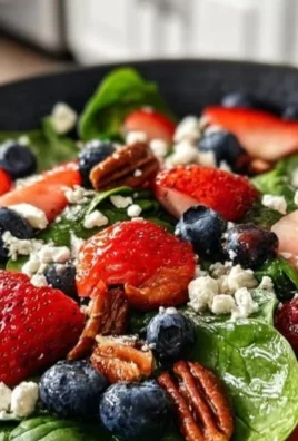 Strawberry and blueberry spinach salad topped with pecans and feta cheese