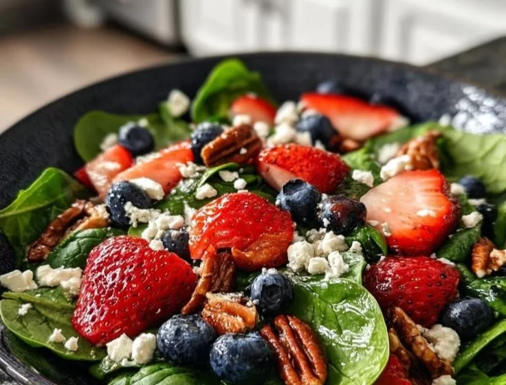 Strawberry & Blueberry Spinach Salad with Pecans and Feta