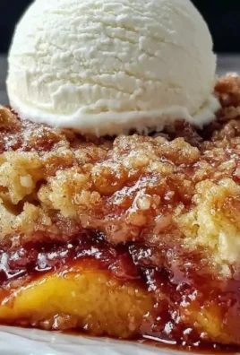Delicious warm peach cobbler served in a bowl, topped with vanilla ice cream.