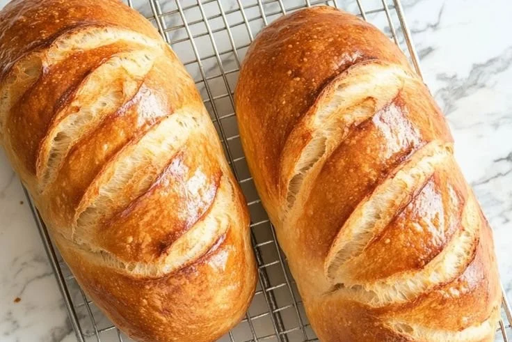 Loaf of freshly baked Amish sweet bread with a golden crust and soft texture.