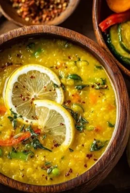 Bowl of anti-inflammatory golden lemon lentil soup garnished with herbs