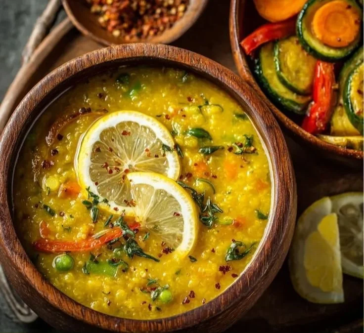 Bowl of anti-inflammatory golden lemon lentil soup garnished with herbs