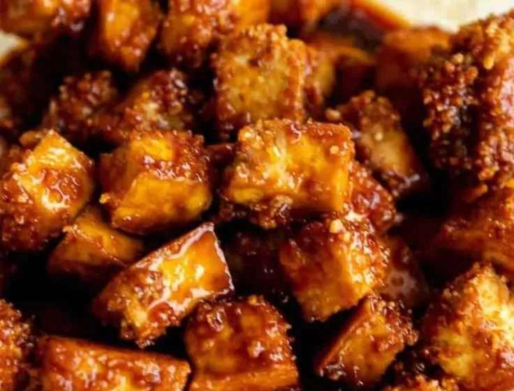 Baked Gochujang tofu served with vegetables on a plate