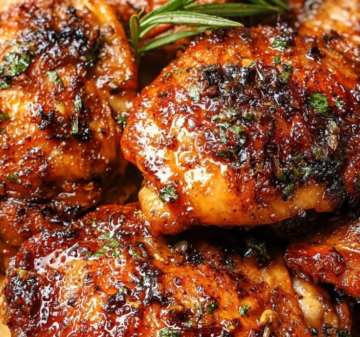 Baked honey garlic chicken thighs served with vegetables on a plate.
