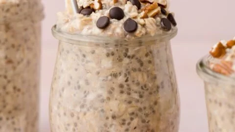 Delicious banana bread overnight oats topped with banana slices and nuts