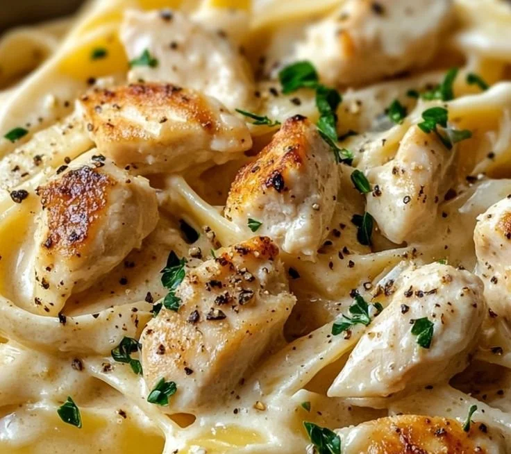 Delicious Chicken Alfredo Pasta in a creamy sauce, garnished with parsley