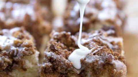 Delicious homemade coffee cake with a crumbly topping and coffee for brunch