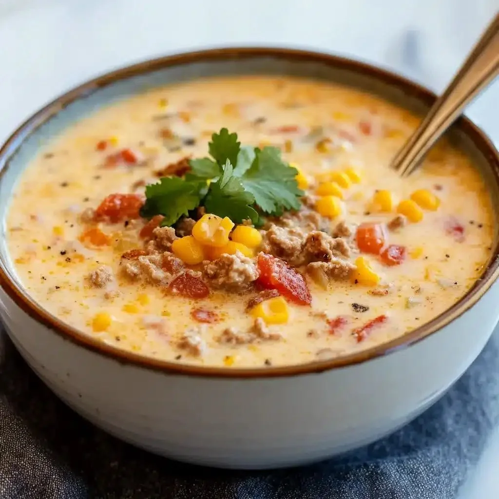 Delicious creamy cowboy soup served in a bowl, garnished with herbs.