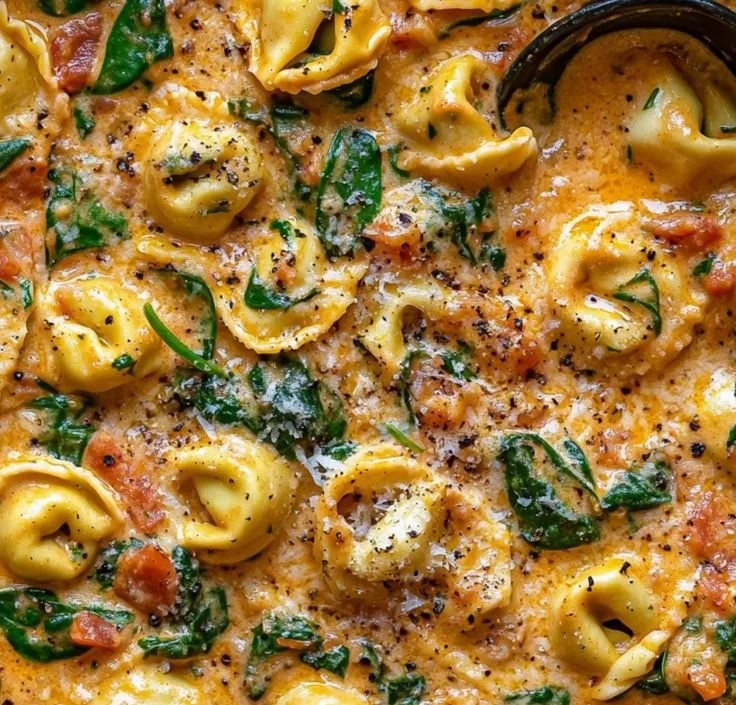 A bowl of creamy spinach tomato tortellini garnished with fresh basil.