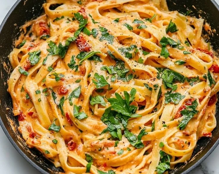 Creamy vegan sun-dried tomato pasta served in a bowl