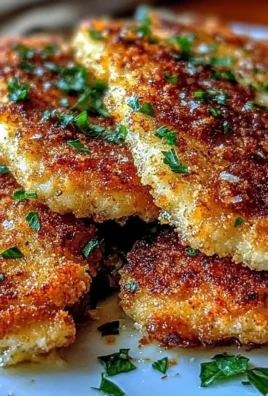 Crispy baked parmesan chicken garnished with herbs on a plate