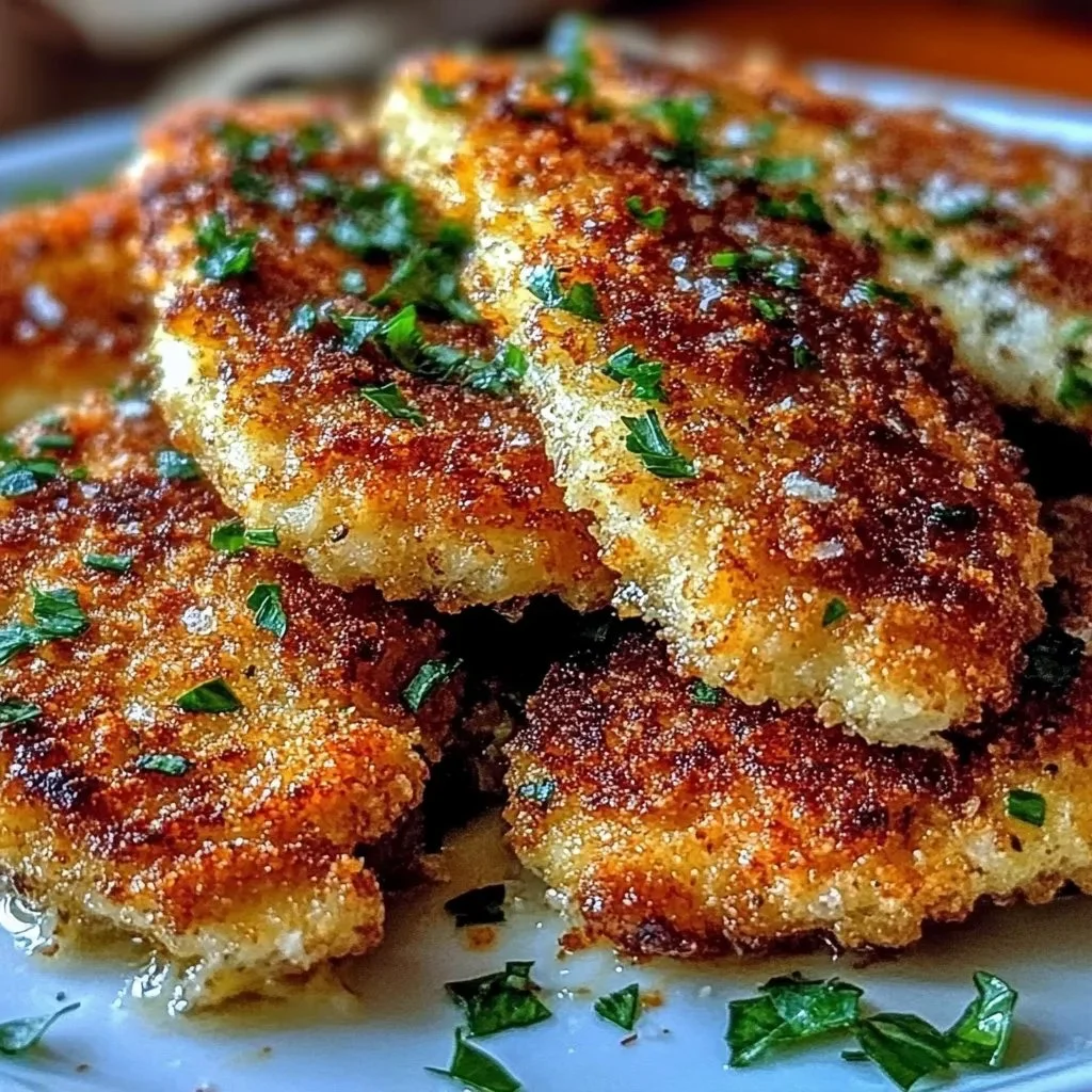 Crispy baked parmesan chicken garnished with herbs on a plate
