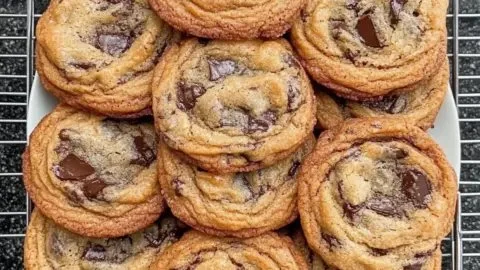 Delicious crispy chewy chocolate chip cookies on a baking tray.