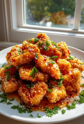 Delicious crispy baked hot honey chicken recipe garnished with herbs