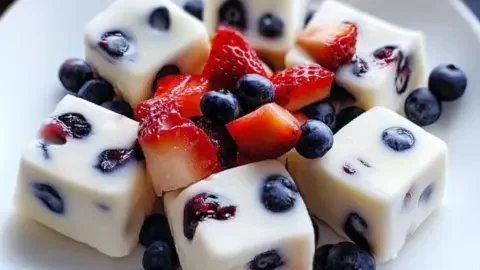 Deliciously frozen Greek yogurt bites topped with fruit and nuts.