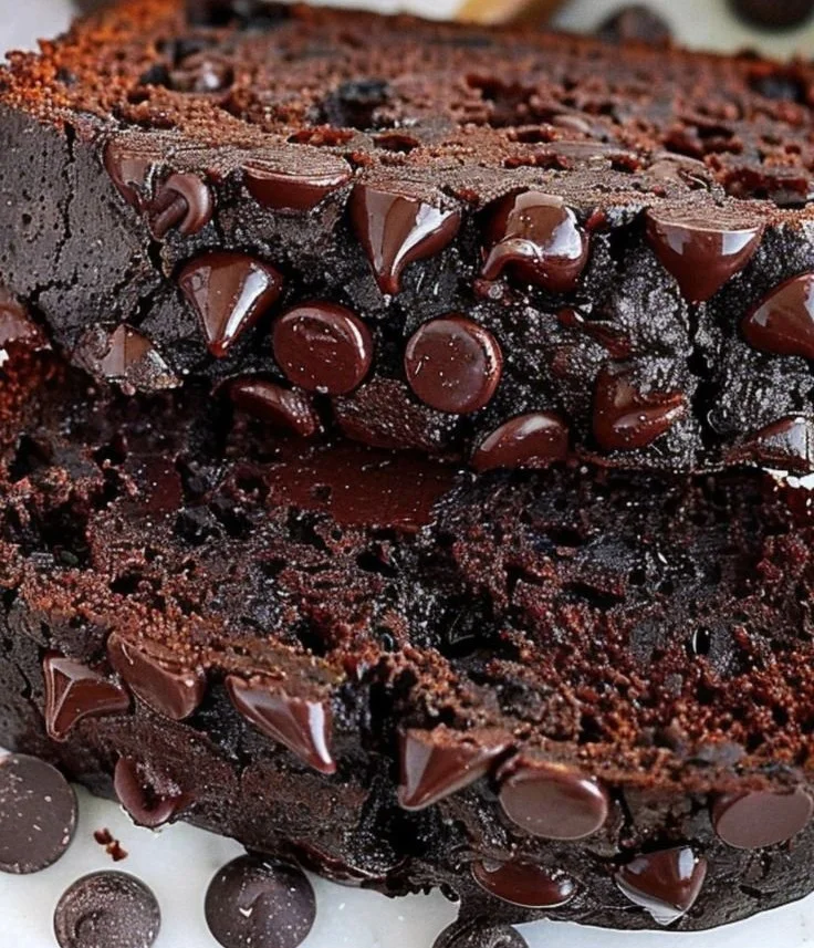 Slice of double chocolate zucchini bread on a wooden table
