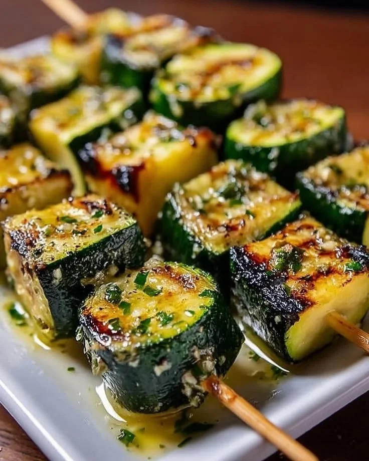 Delicious Garlic Butter Zucchini Skewers ready to grill.