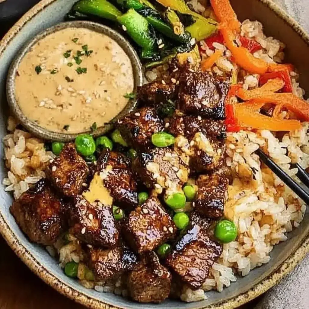 Delicious Hibachi Steak Bowls with grilled vegetables and rice