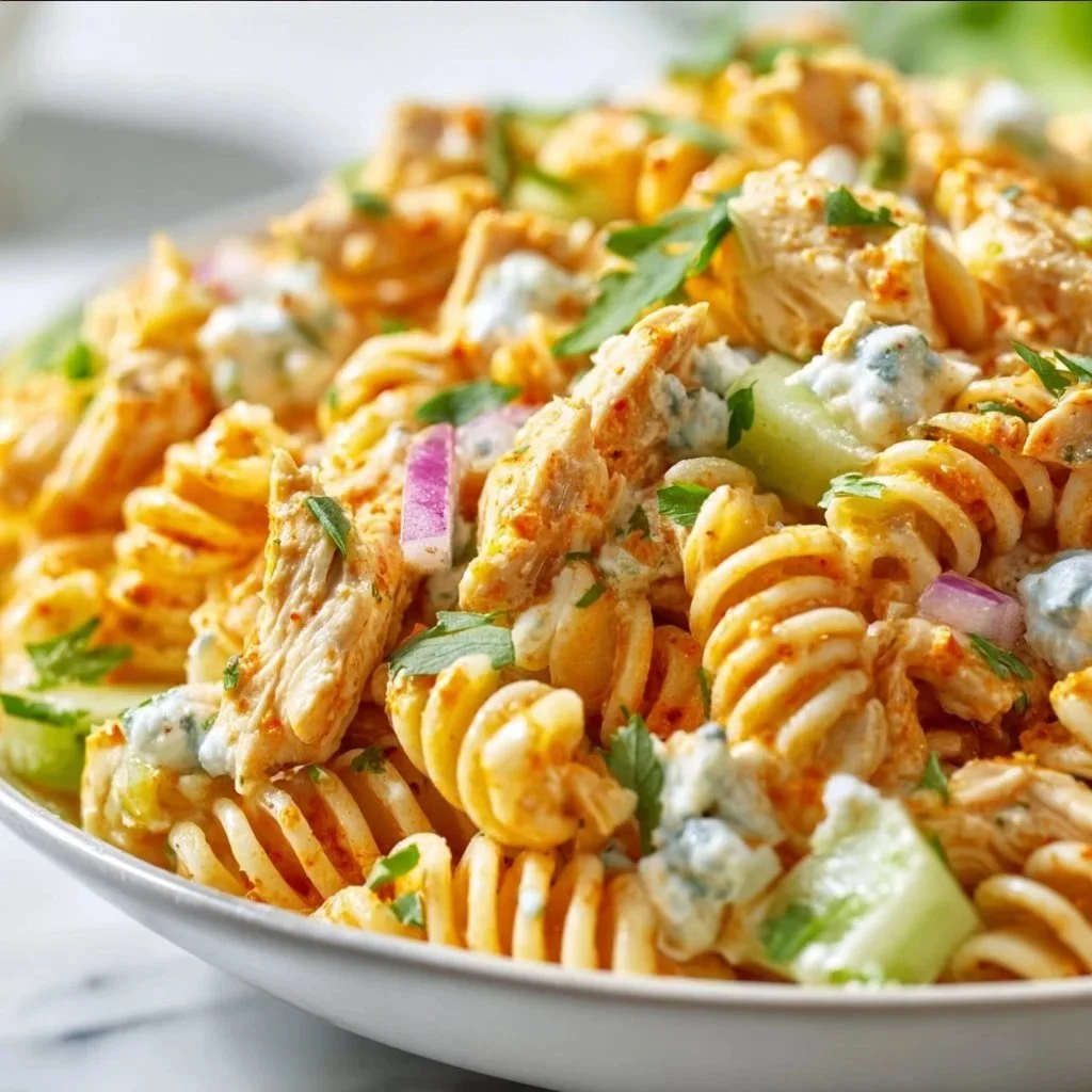 High Protein Buffalo Chicken Pasta Salad in a bowl with vegetables and dressing