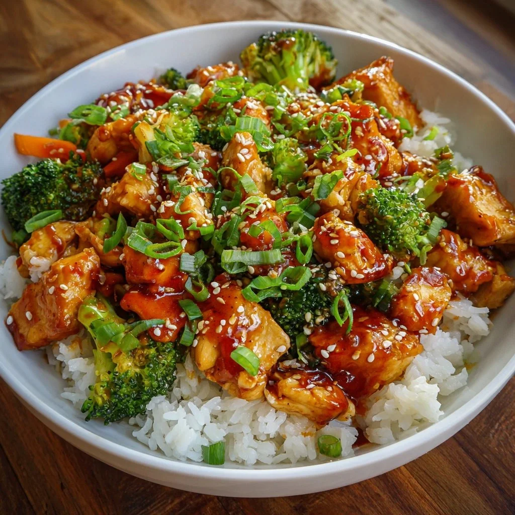 Honey Sriracha Chicken Bowl with vibrant vegetables and a spicy glaze