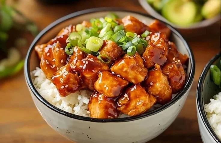 Delicious Hot Honey Chicken Bowls with spicy chicken and rice