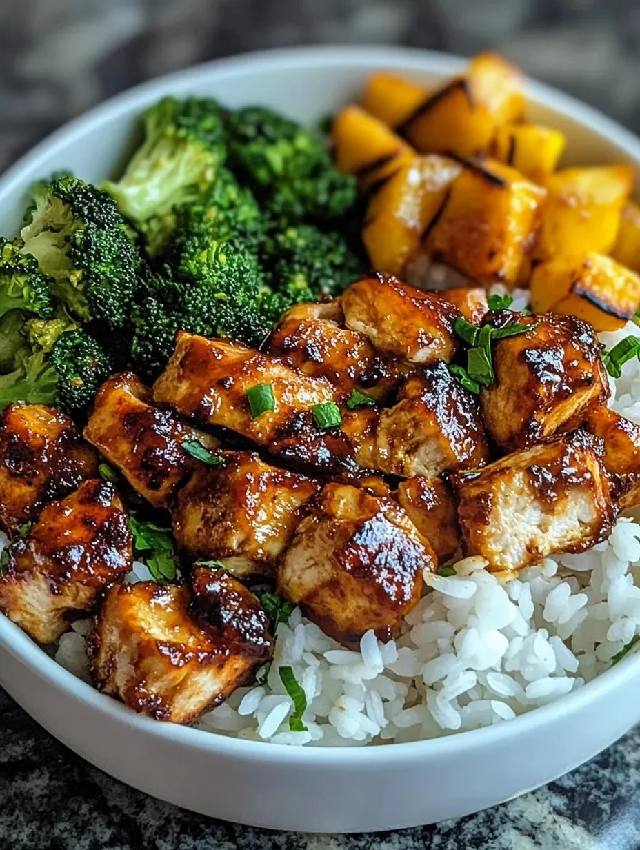 Delicious hot honey chicken bowls recipe with colorful vegetables and rice.