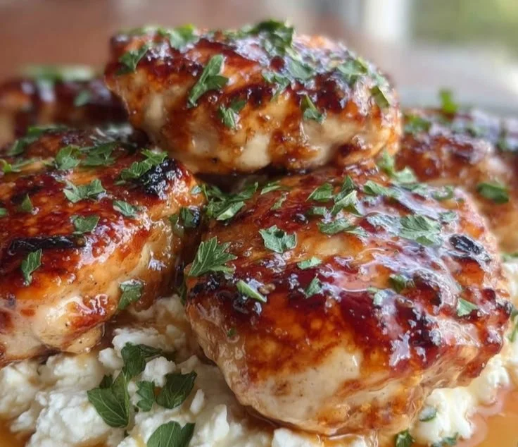 Delicious hot honey feta chicken served on a plate with herbs