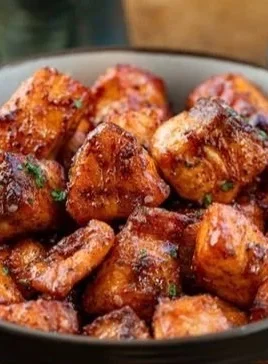 Delicious hot honey salmon bites garnished with herbs