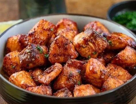 Delicious hot honey salmon bites garnished with herbs