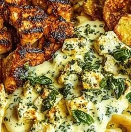 Hot Honey Cajun Chicken Alfredo plated with Basil Feta Swirl garnish