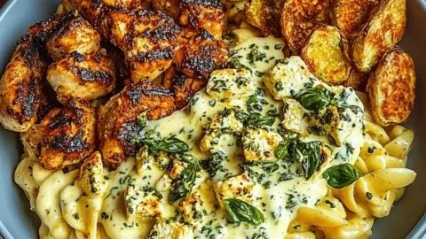 Hot Honey Cajun Chicken Alfredo plated with Basil Feta Swirl garnish