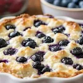 Creamy blueberry cottage cheese breakfast bake served on a plate