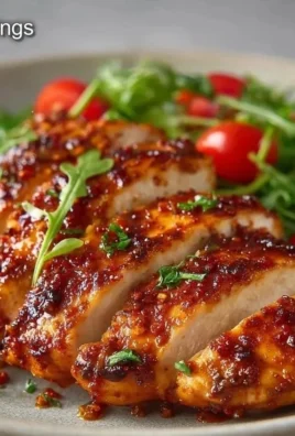 Juicy baked chicken breast served with vegetables on a plate.