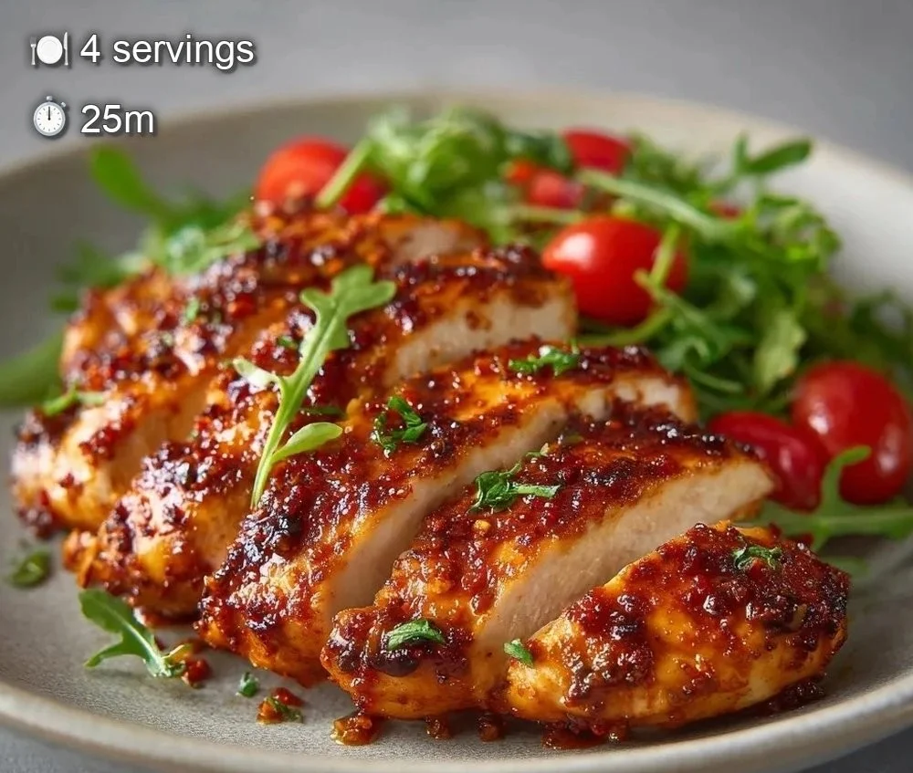 Juicy baked chicken breast served with vegetables on a plate.