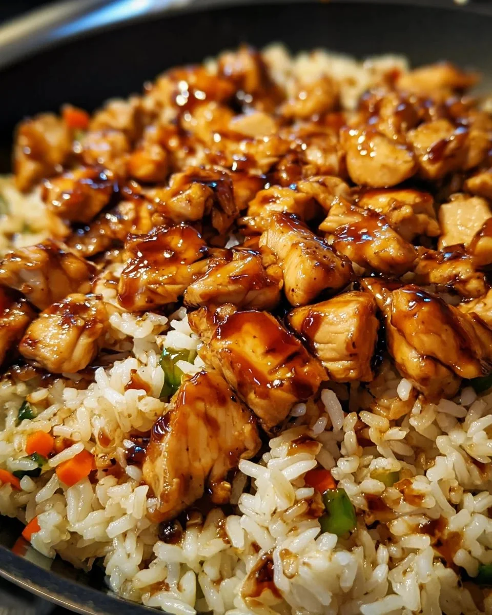 One-Pan Honey BBQ Chicken Rice dish garnished with fresh herbs and served in a skillet.