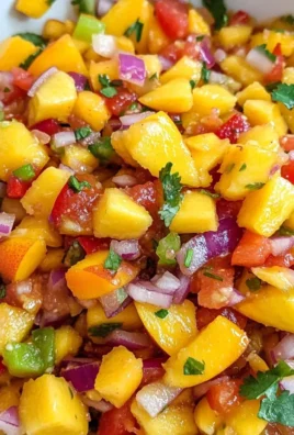 Bowl of fresh Peach Mango Salsa with vibrant colors and ingredients