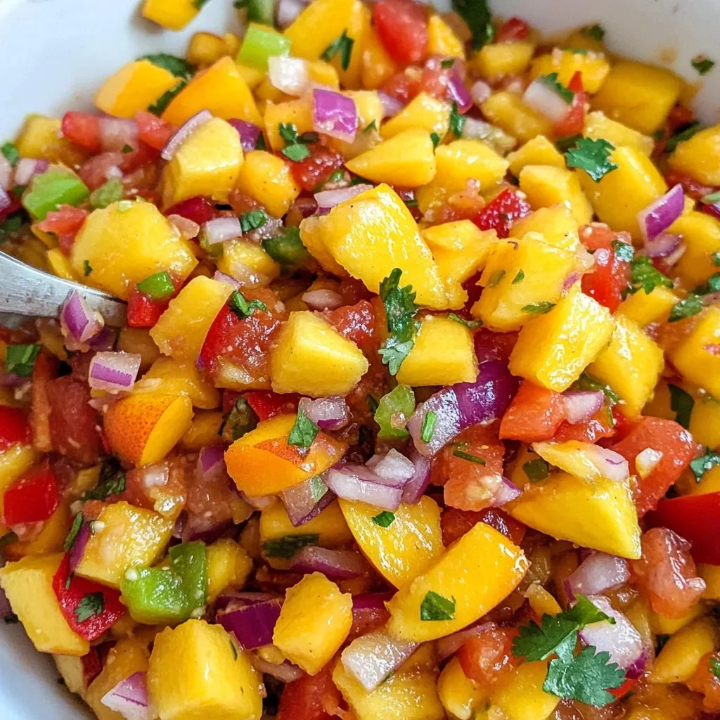 Bowl of fresh Peach Mango Salsa with vibrant colors and ingredients