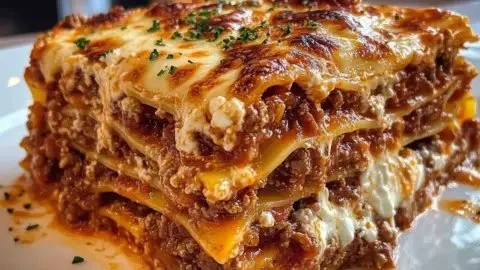 Delicious quick and easy lasagna served on a plate with herbs