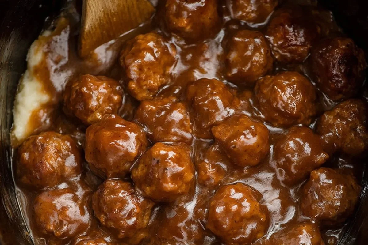 Delicious slow cooker Salisbury steak meatballs served with creamy gravy