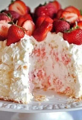 Delicious Strawberry Angel Cake topped with fresh strawberries and cream.