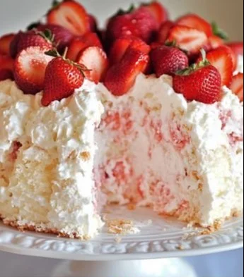 Delicious Strawberry Angel Cake topped with fresh strawberries and cream.