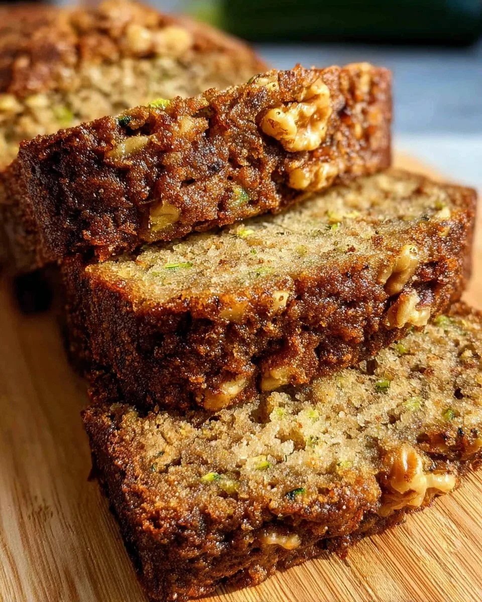 Slice of moist homemade zucchini bread on a wooden table